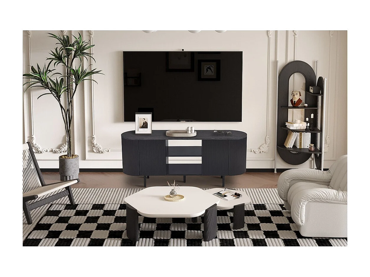 Möbelstück TV VAGOS – Farbe Dunkelbraun – Abgerundetes TV-Möbel – 2 Türen & 2 Fächer – 140 cm – Kompaktes Design