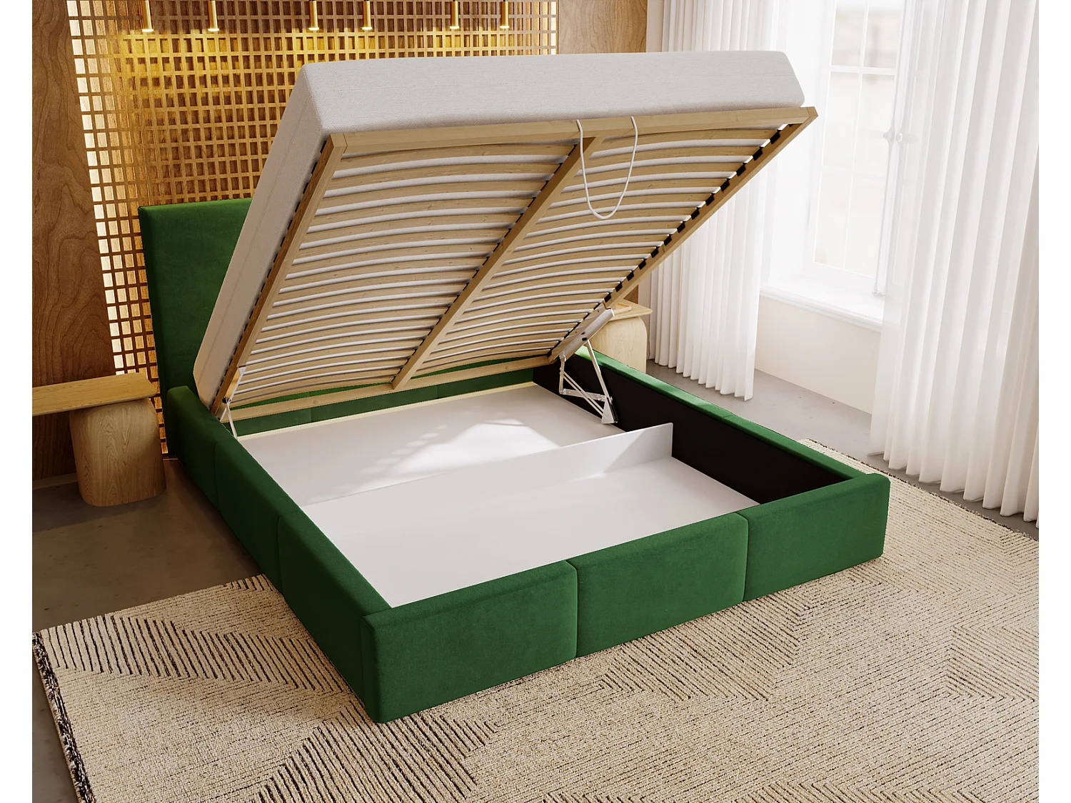 Emporius Lit 200x200 Lary - Lit avec rangement, Lit adulte rembourré - sommier à Lattes, tissu velours Vert (Magic Velvet 2225)