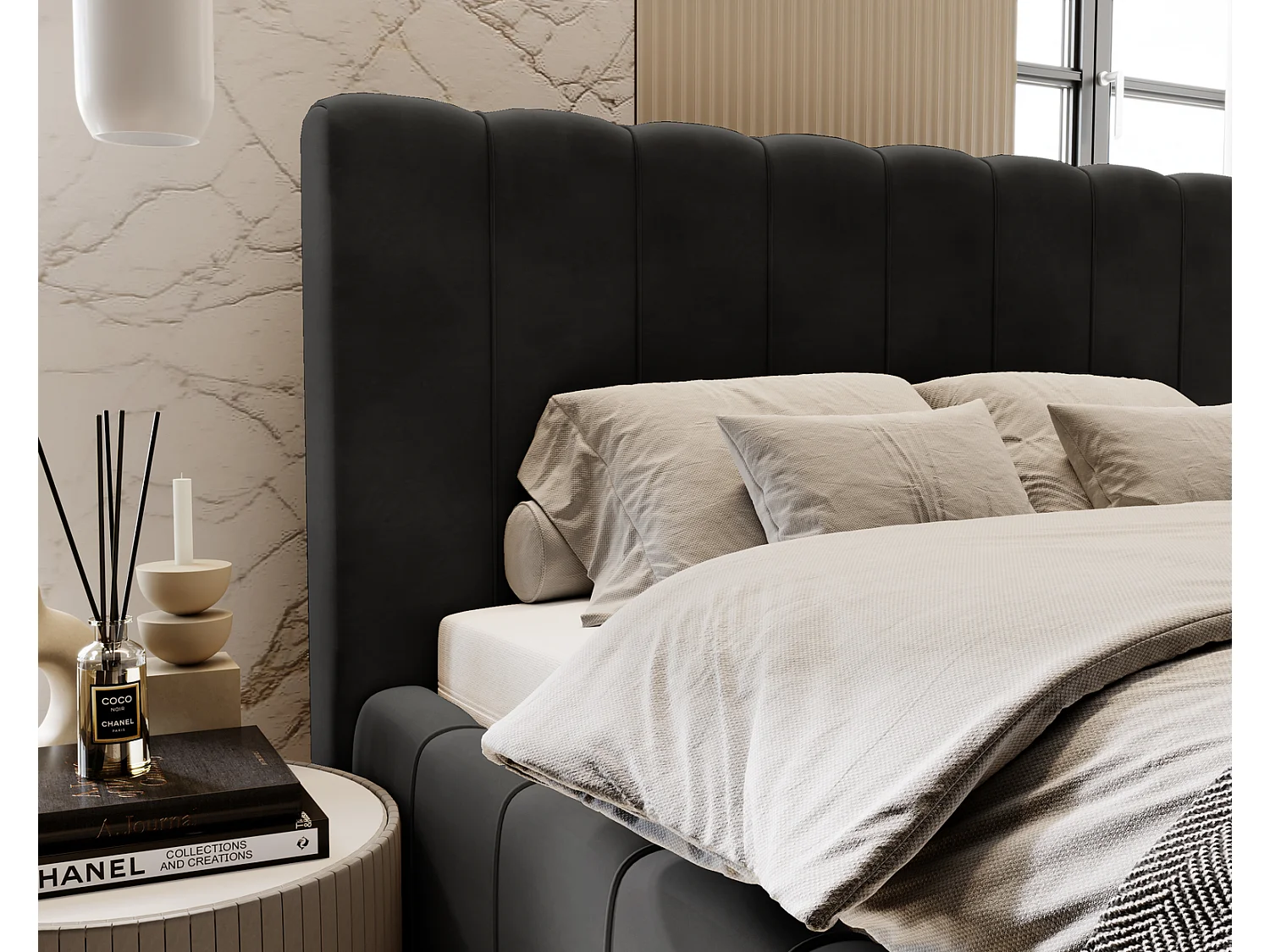 Emporius Lit Capitonné 140x200 Lisbon - Lit avec Sommier à Lattes, Rangement, Tête de Lit - Lit double velvet Noir (Magic Velvet 2219)