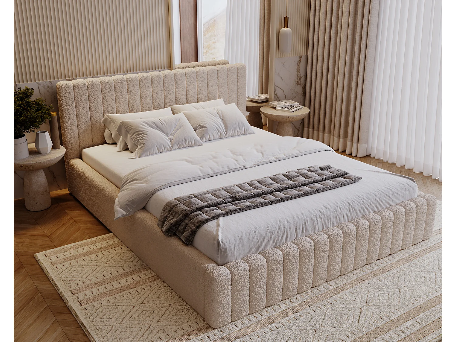 Emporius Polsterbett 200x200 cm Billo - Doppelbett mit Lattenrost und Kopfteil - Stauraum, Bettzeugkasten, Bettkasten - Boucle Beige (Anthology 3)