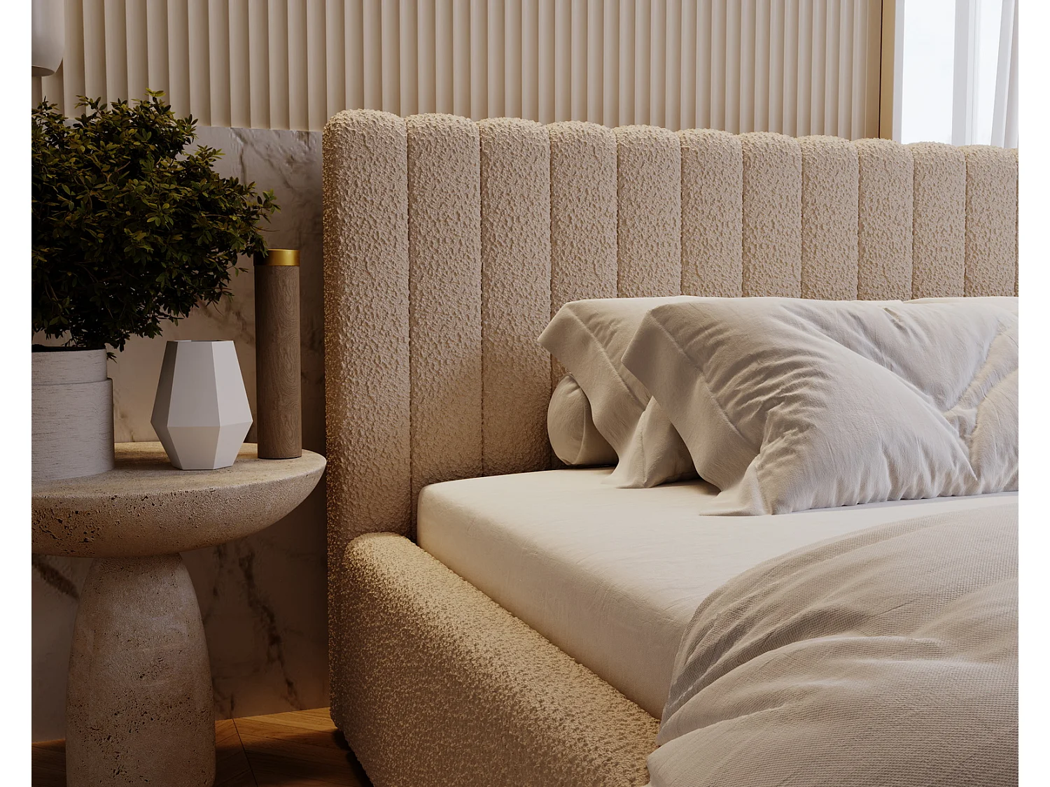 Emporius Polsterbett 200x200 cm Billo - Doppelbett mit Lattenrost und Kopfteil - Stauraum, Bettzeugkasten, Bettkasten - Boucle Beige (Anthology 3)