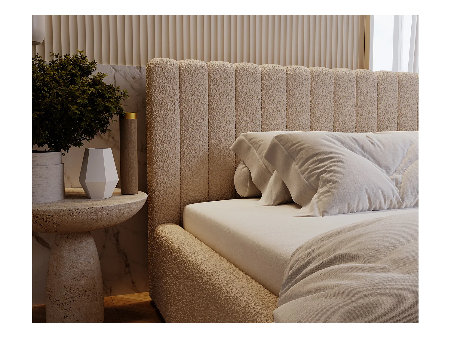 Emporius Lit Rembourré 200x200 cm Billo - lit double avec Rangement, Tête de Lit - Lit adulte, Chambre d'Adolescent - Bouclé Beige (Anthology 3)