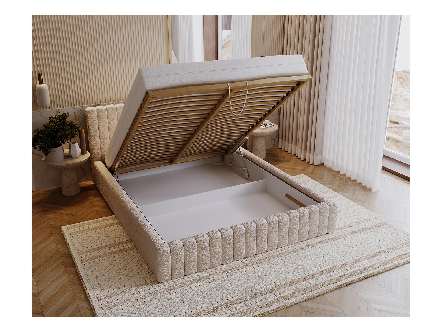 Emporius Lit Rembourré 200x200 cm Billo - lit double avec Rangement, Tête de Lit - Lit adulte, Chambre d'Adolescent - Bouclé Beige (Anthology 3)