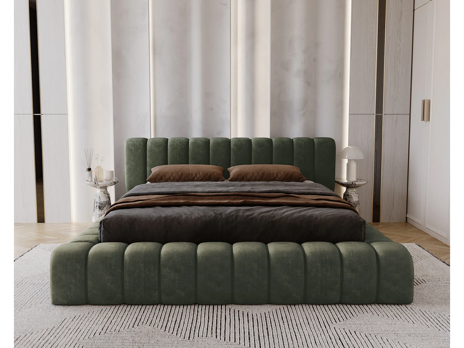 Emporius bed 180x200 met opbergruimte, lattenbodem Como - tweepersoonsbed, dik schuim, fluwelen - Groen (Whisper 11)