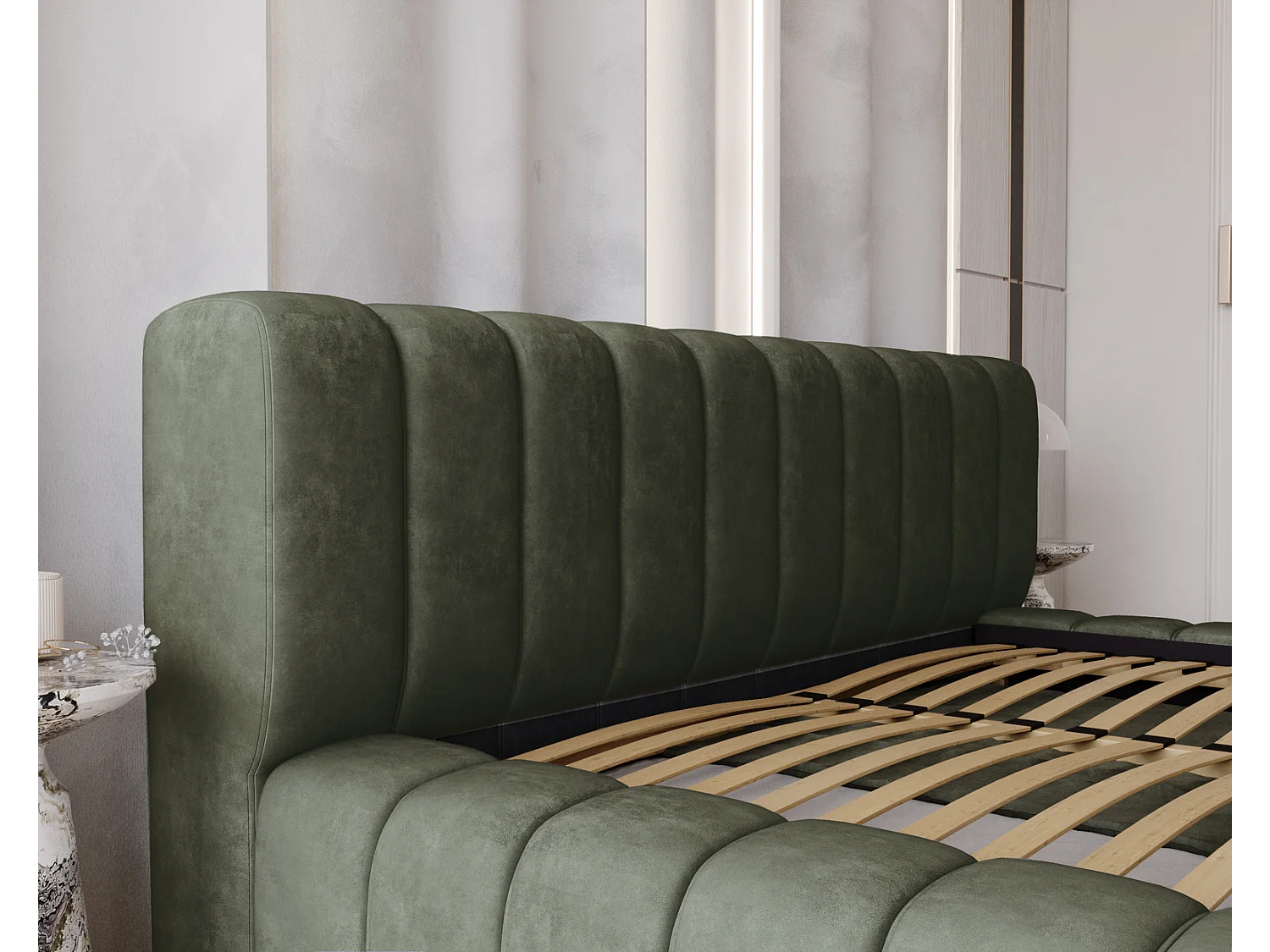 Emporius bed 180x200 met opbergruimte, lattenbodem Como - tweepersoonsbed, dik schuim, fluwelen - Groen (Whisper 11)