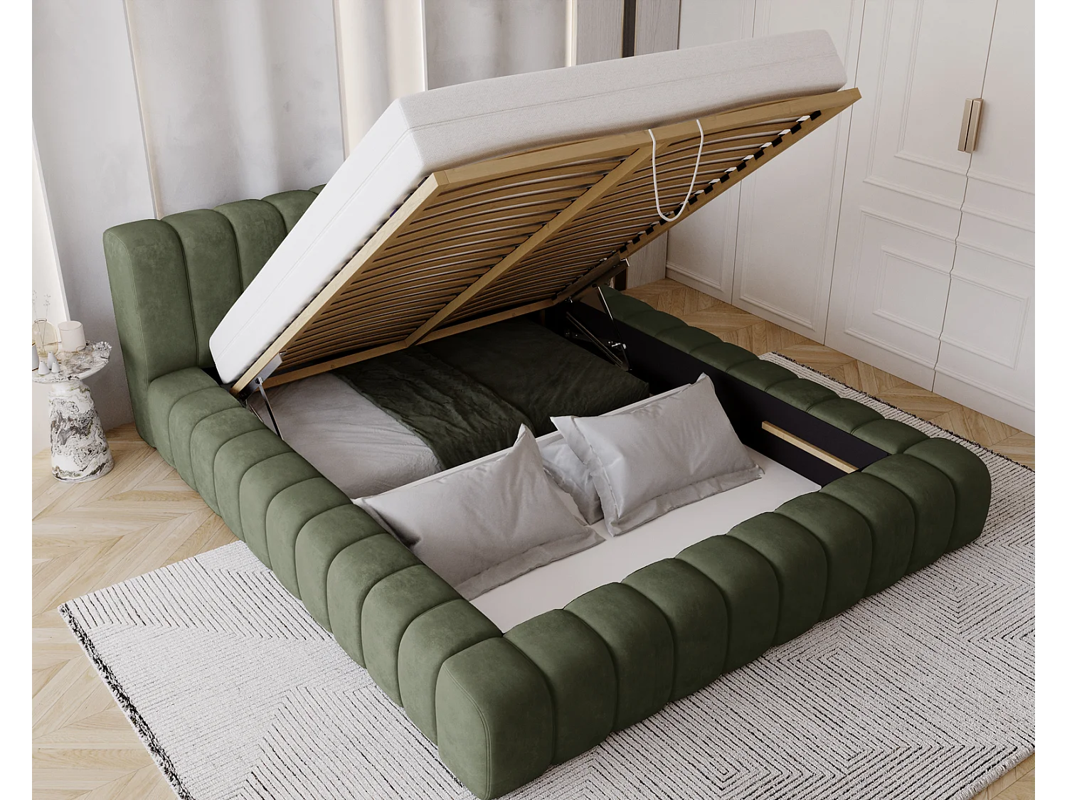 Emporius bed 180x200 met opbergruimte, lattenbodem Como - tweepersoonsbed, dik schuim, fluwelen - Groen (Whisper 11)