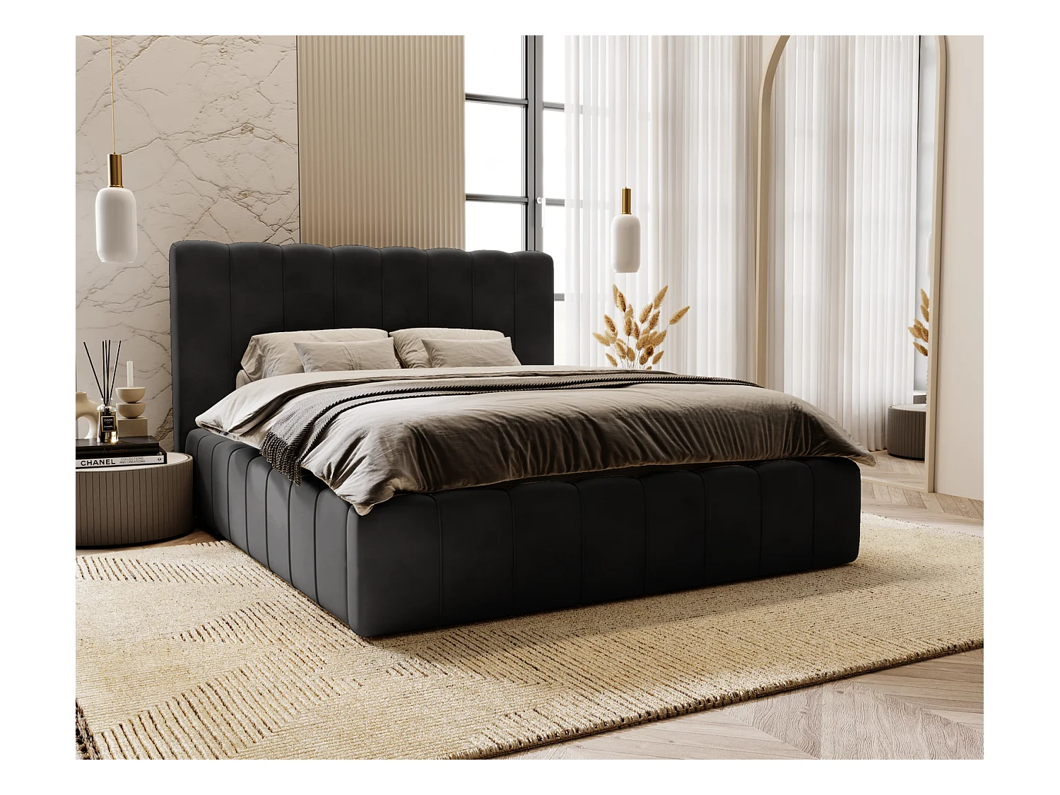 Emporius Lit Capitonné 180x200 Lisbon - Lit avec Sommier à Lattes, Rangement, Tête de Lit - Lit double velvet Noir (Magic Velvet 2219)