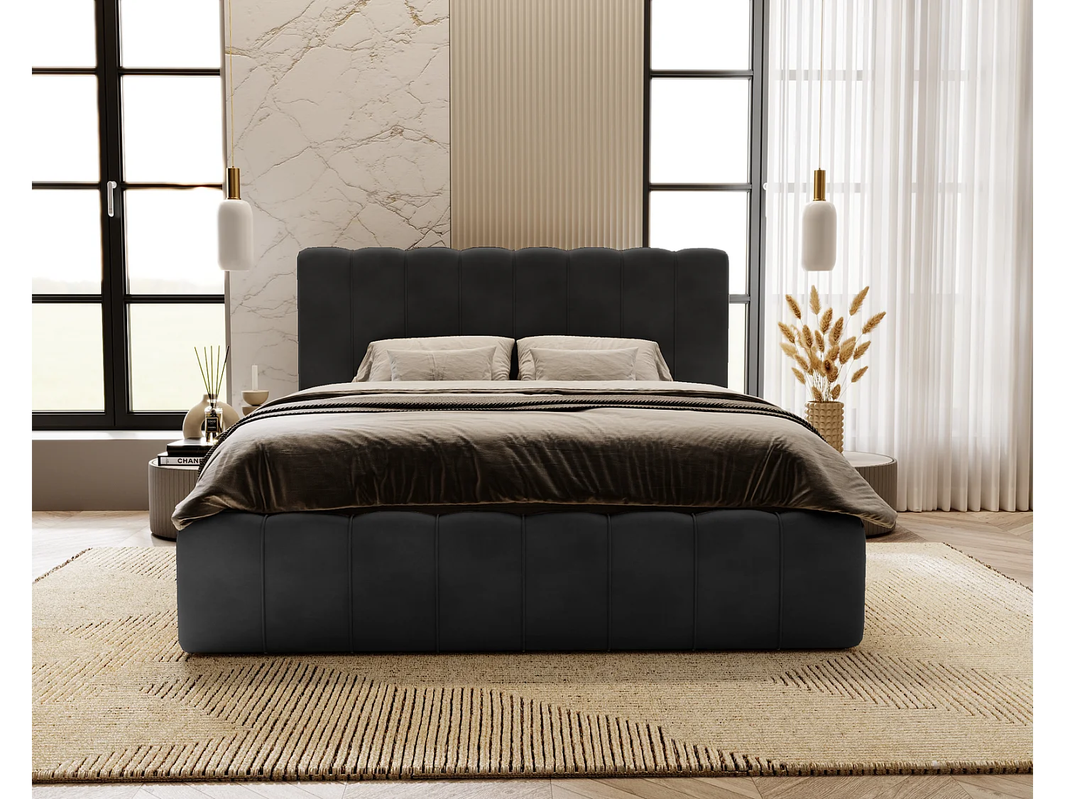 Emporius Gestoffeerd Bed 180x200 Lisbon - bed met opbergruimte, Tweepersoonsbed - Slaapkamer, Tienerkamer - Fluweel Zwart (Magic Velvet 2219)