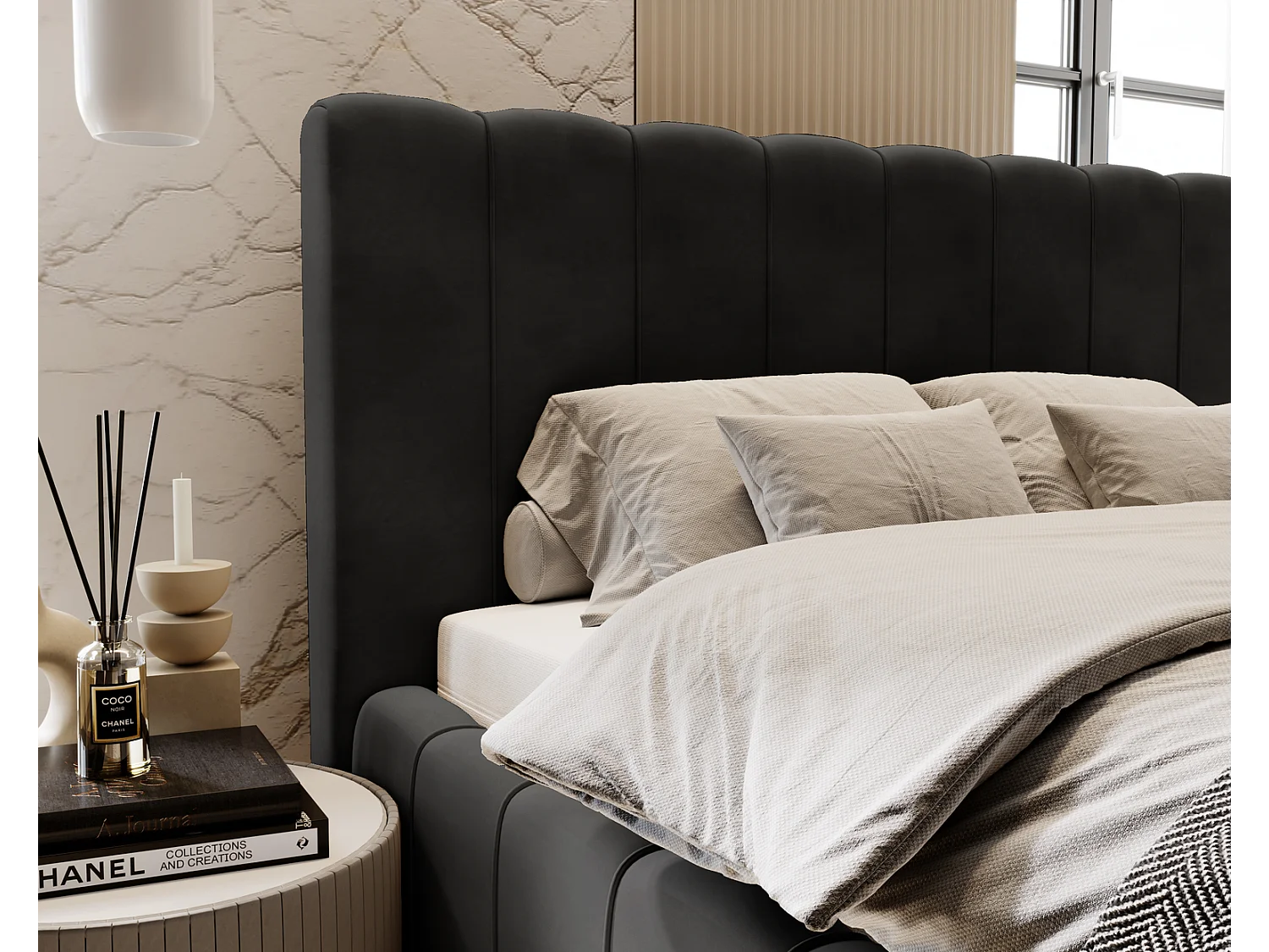 Emporius Gestoffeerd Bed 180x200 Lisbon - bed met opbergruimte, Tweepersoonsbed - Slaapkamer, Tienerkamer - Fluweel Zwart (Magic Velvet 2219)