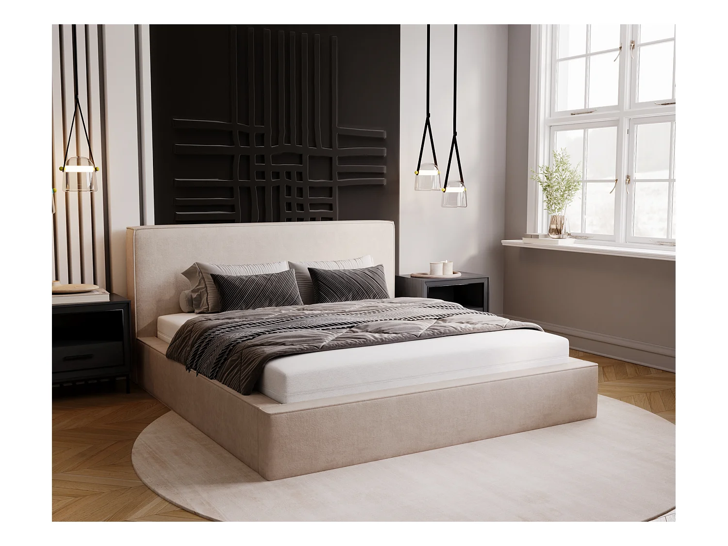 Emporius Lit double, lit adulte avec Rangement 180x200 cm Amare - Velour Beige (Komodo 11)