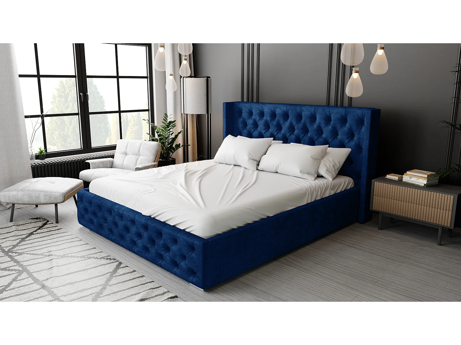 Emporius Lit adulte 140x200 Rolia - Lit double, capitonné - sommier à lattes, rangement, tête de lit - Velvet Bleu (Kronos 09)