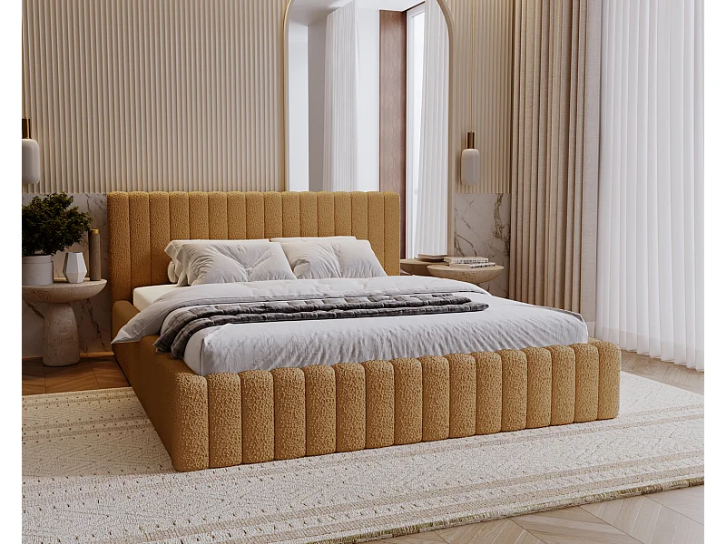 Emporius Lit Rembourré 200x200 cm Billo - lit double avec Rangement, Tête de Lit - Lit adulte, Chambre d'Adolescent - Bouclé Orange (Anthology 10)