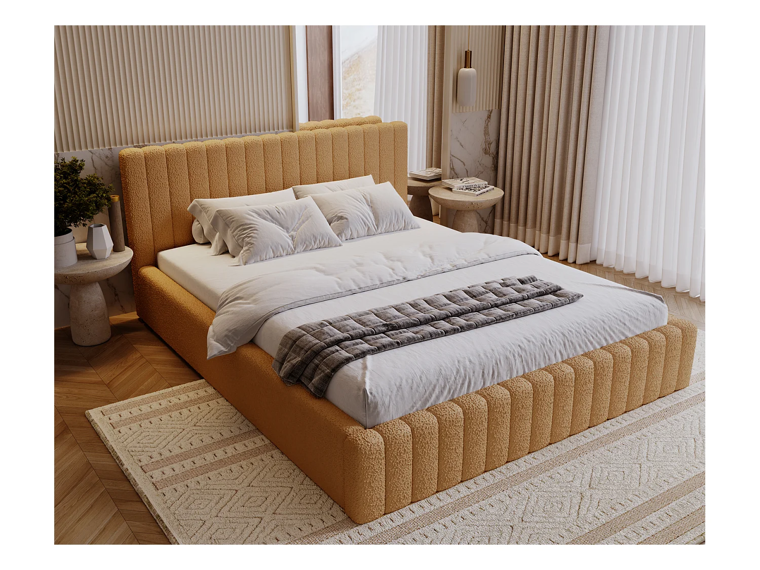 Emporius Lit Rembourré 200x200 cm Billo - lit double avec Rangement, Tête de Lit - Lit adulte, Chambre d'Adolescent - Bouclé Orange (Anthology 10)