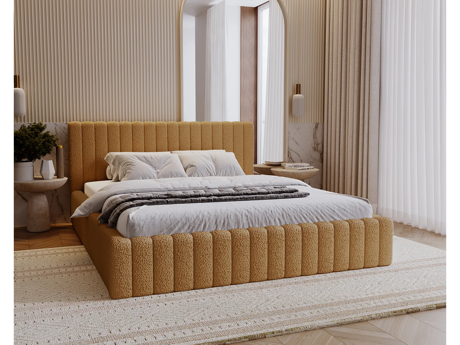 Emporius Lit Rembourré 200x200 cm Billo - lit double avec Rangement, Tête de Lit - Lit adulte, Chambre d'Adolescent - Bouclé Orange (Anthology 10)