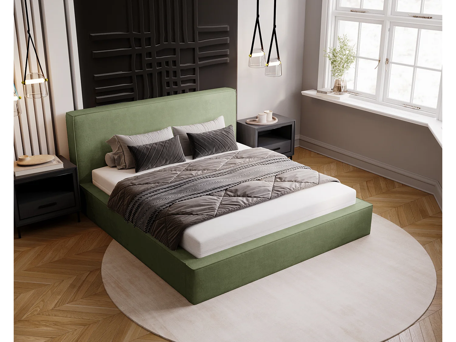 Emporius Lit double, lit adulte avec Rangement 200x200 cm Amare - Velour Vert (Komodo 61)