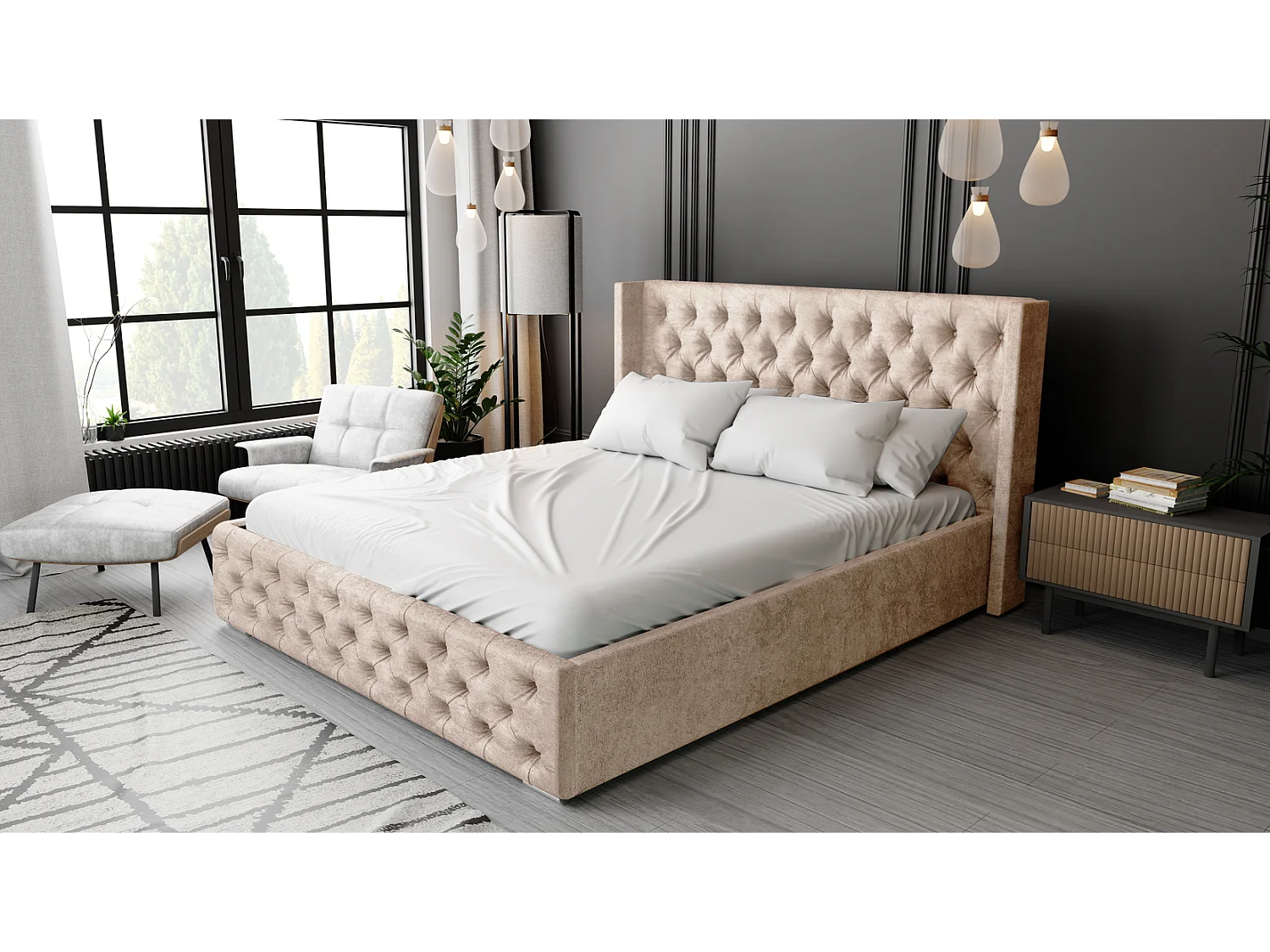 Emporius Polsterbett mit Lattenrost 180x200 Rolia - Doppelbett, Stauraum, Kopfteil - Schlafzimmer, Bettkasten - Velvet Beige (Paros 02)