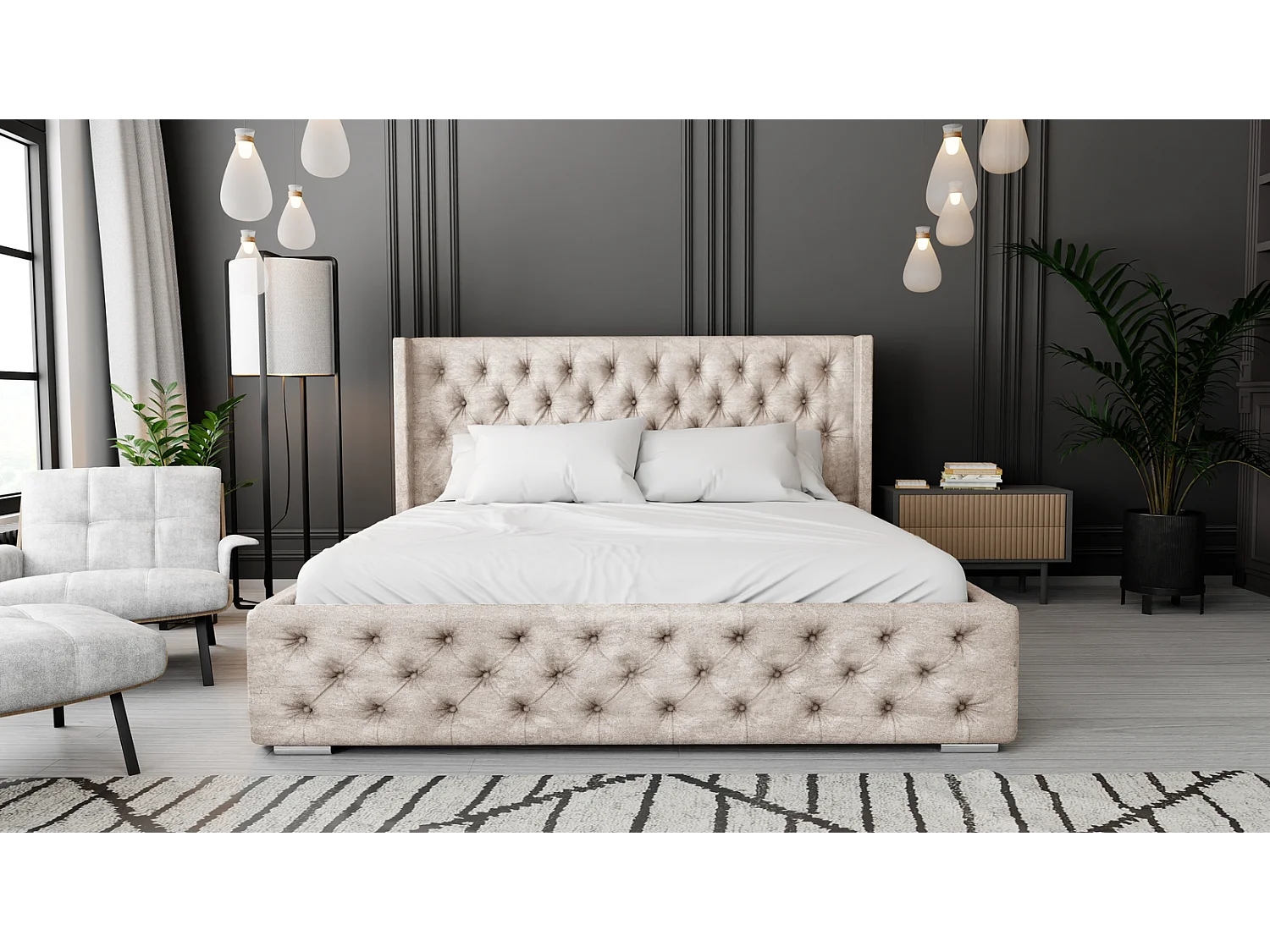 Emporius Polsterbett mit Lattenrost 180x200 Rolia - Doppelbett, Stauraum, Kopfteil - Schlafzimmer, Bettkasten - Velvet Beige (Paros 02)