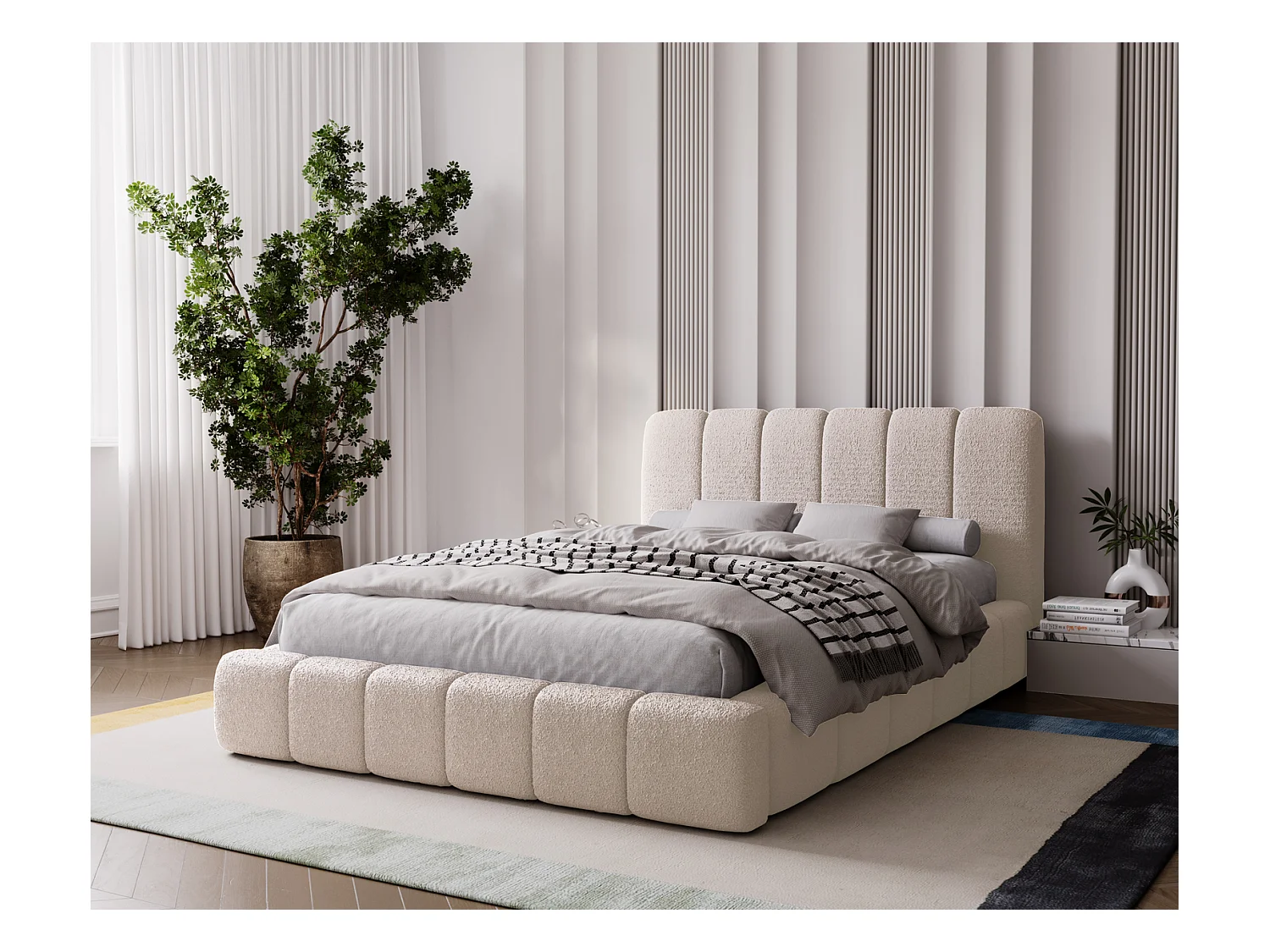 Emporius Lit coffre 200x200 Milan, Lit Rembourré avec Rangement - Lit bouclé Beige (Anthology 3)