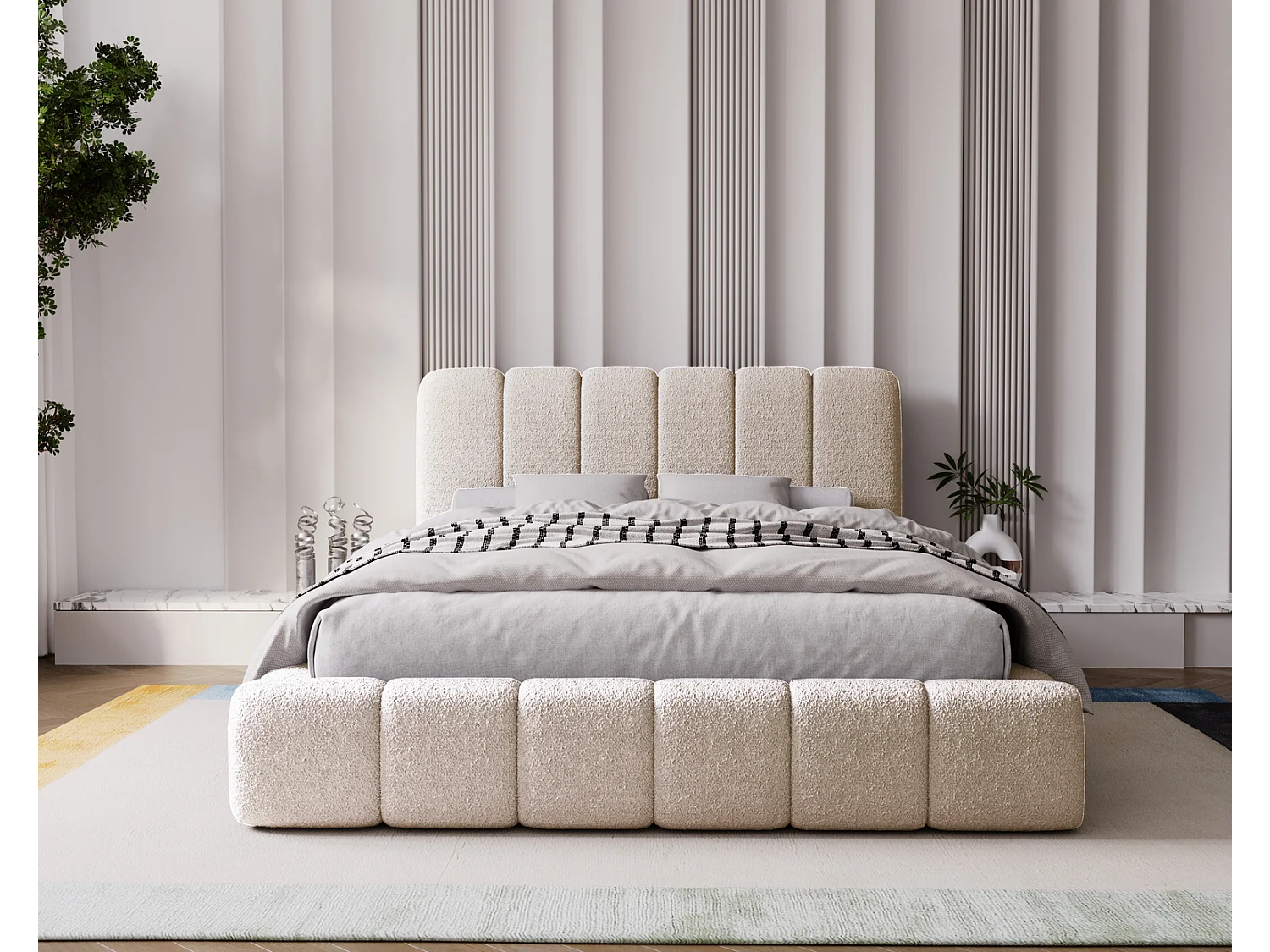 Emporius Lit coffre 200x200 Milan, Lit Rembourré avec Rangement - Lit bouclé Beige (Anthology 3)