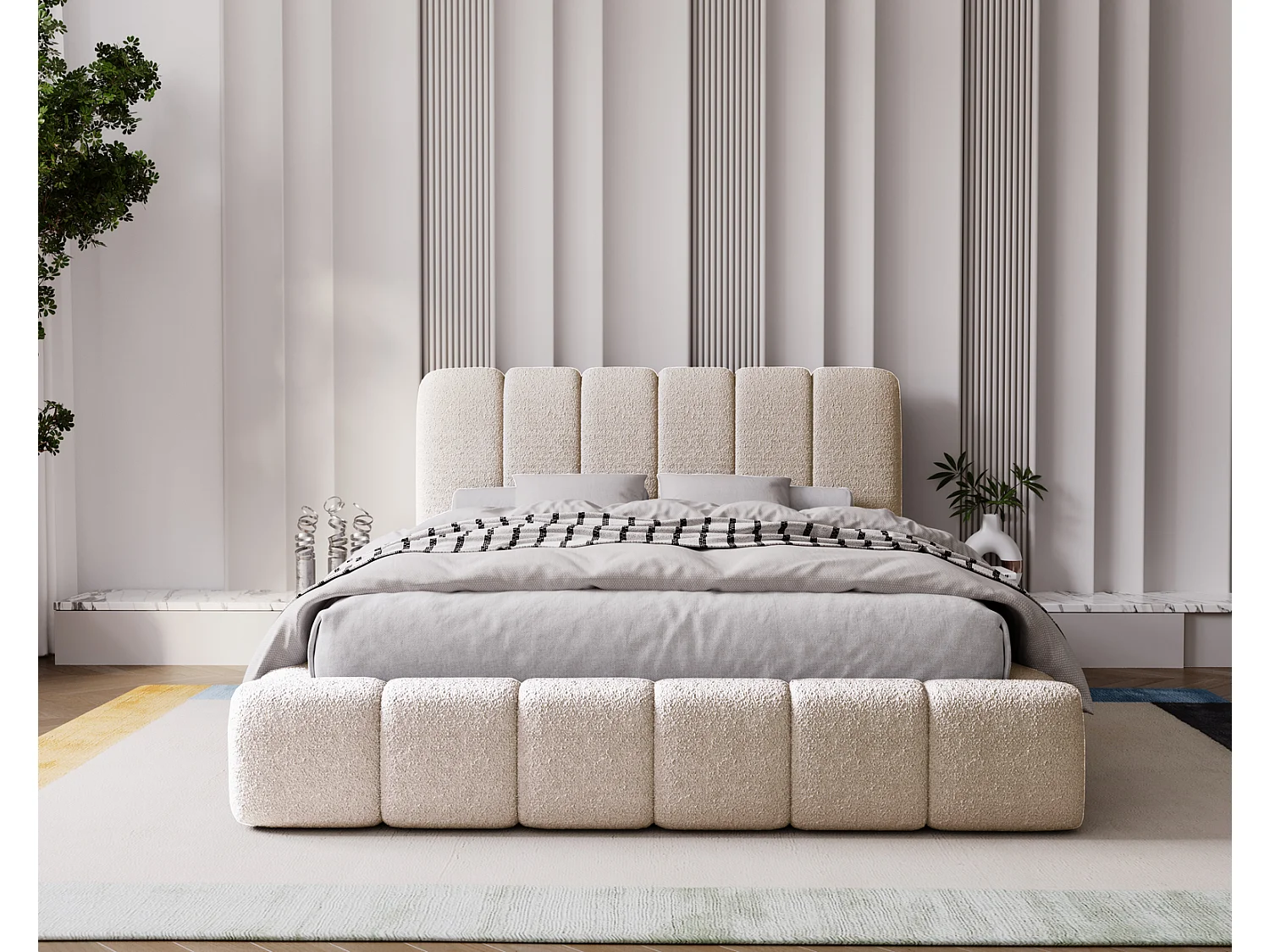 Emporius Lit coffre 200x200 Milan, Lit Rembourré avec Rangement - Lit bouclé Beige (Anthology 3)