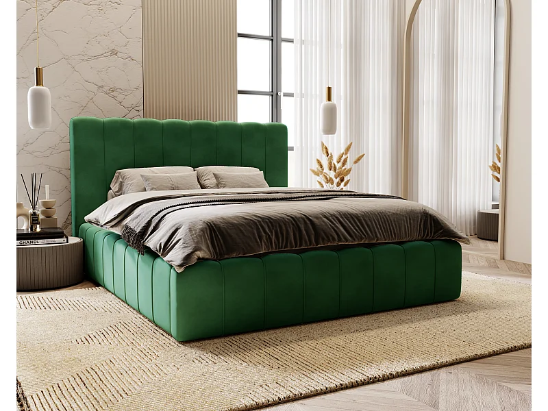 Emporius Lit Capitonné 160x200 Lisbon - Lit avec Sommier à Lattes, Rangement, Tête de Lit - Lit double velvet Vert (Magic Velvet 2225)
