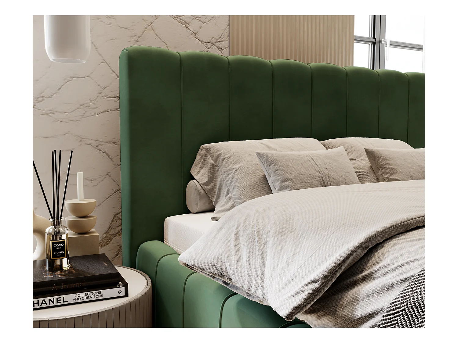 Emporius Lit Capitonné 160x200 Lisbon - Lit avec Sommier à Lattes, Rangement, Tête de Lit - Lit double velvet Vert (Magic Velvet 2225)
