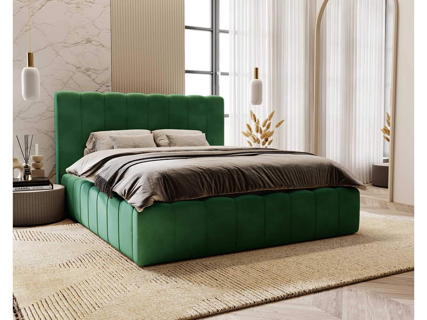 Emporius Gestoffeerd Bed 160x200 Lisbon - bed met opbergruimte, Tweepersoonsbed - Slaapkamer, Tienerkamer - Fluweel Groen (Magic Velvet 2225)