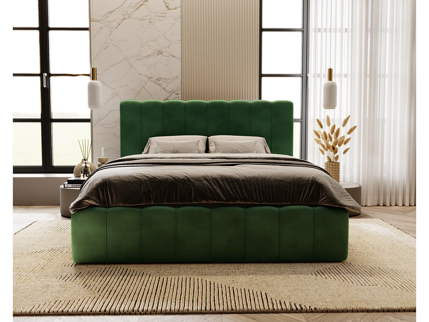Emporius Lit Capitonné 160x200 Lisbon - Lit avec Sommier à Lattes, Rangement, Tête de Lit - Lit double velvet Vert (Magic Velvet 2225)