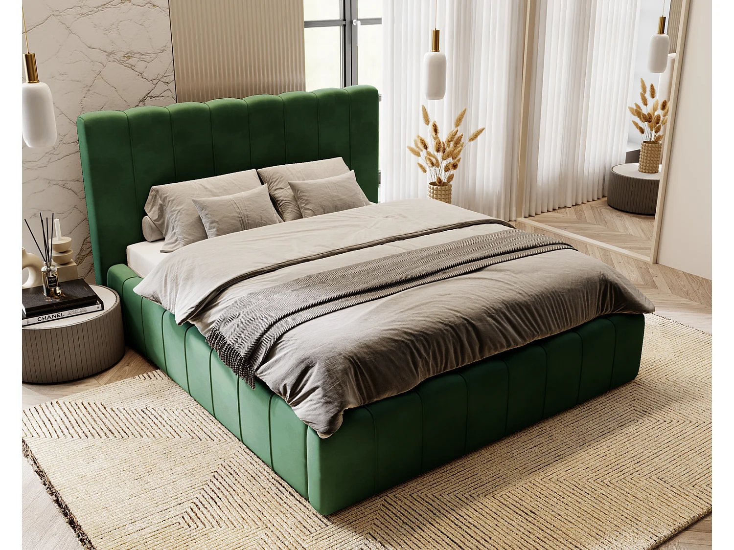 Emporius Lit Capitonné 160x200 Lisbon - Lit avec Sommier à Lattes, Rangement, Tête de Lit - Lit double velvet Vert (Magic Velvet 2225)