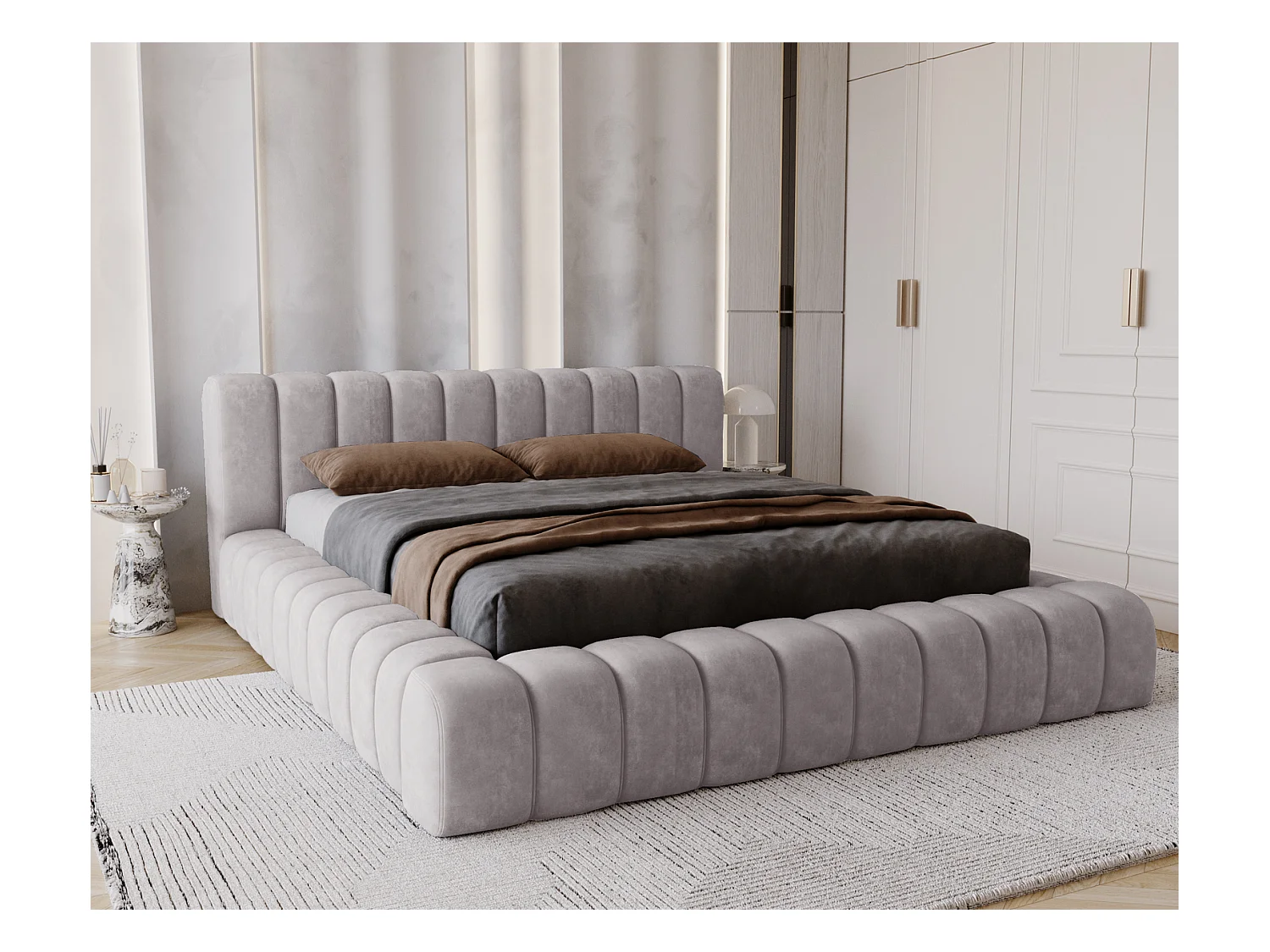 Emporius Lit avec Rangement 180x200cm Como, Lit capitonné, Lit adulte  - Mousse épaisse, tissu Velvet Gris (Whisper 17)