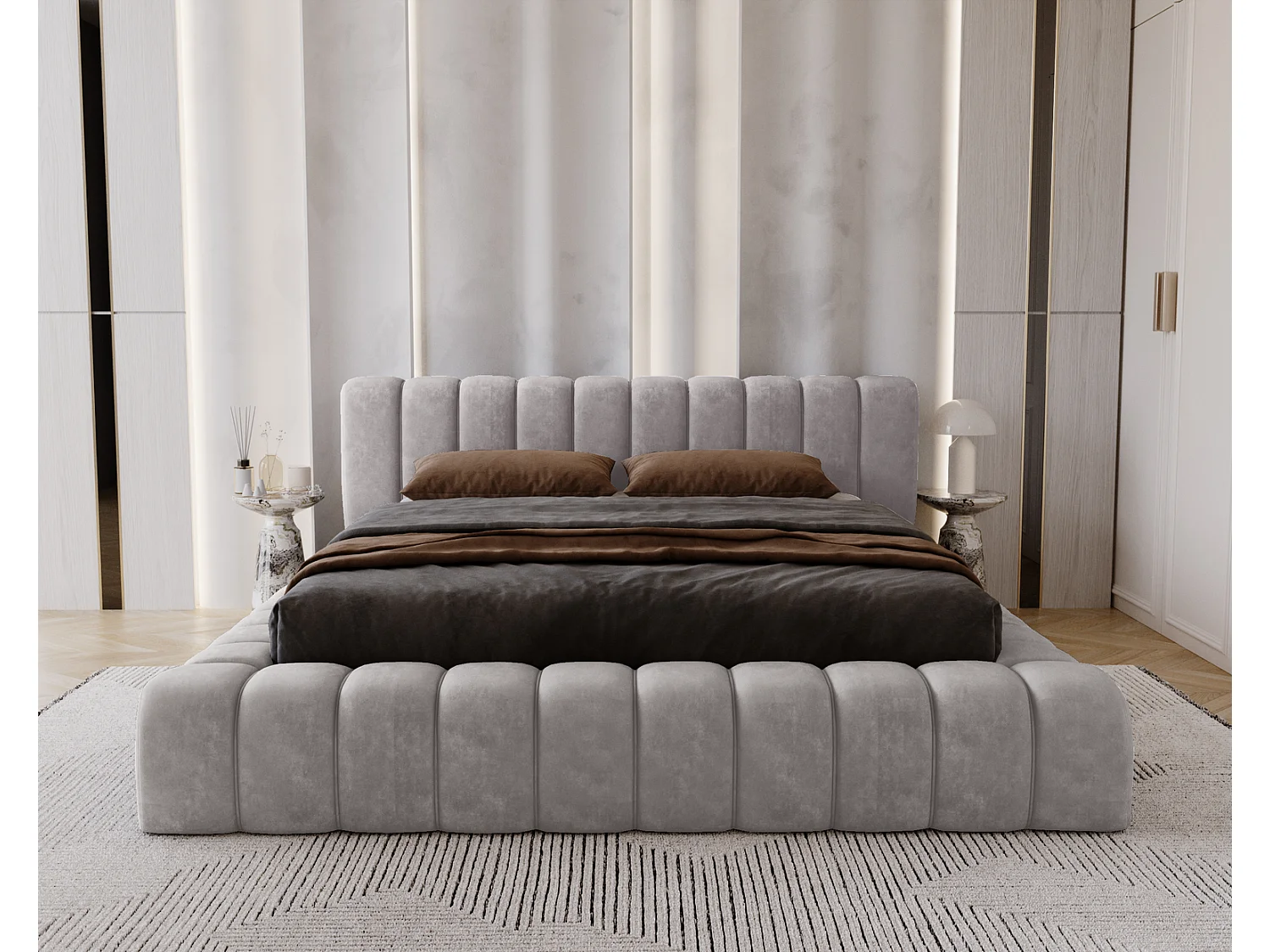 Emporius Lit avec Rangement 180x200cm Como, Lit capitonné, Lit adulte  - Mousse épaisse, tissu Velvet Gris (Whisper 17)