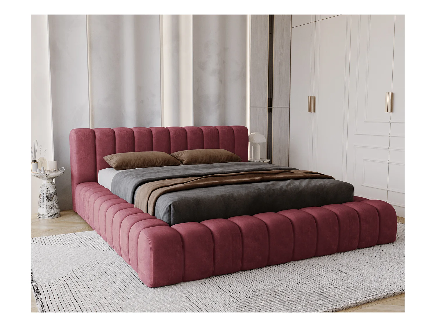 Emporius Lit avec Rangement 180x200cm Como, Lit capitonné, Lit adulte  - Mousse épaisse, tissu Velvet Rouge (Whisper 14)