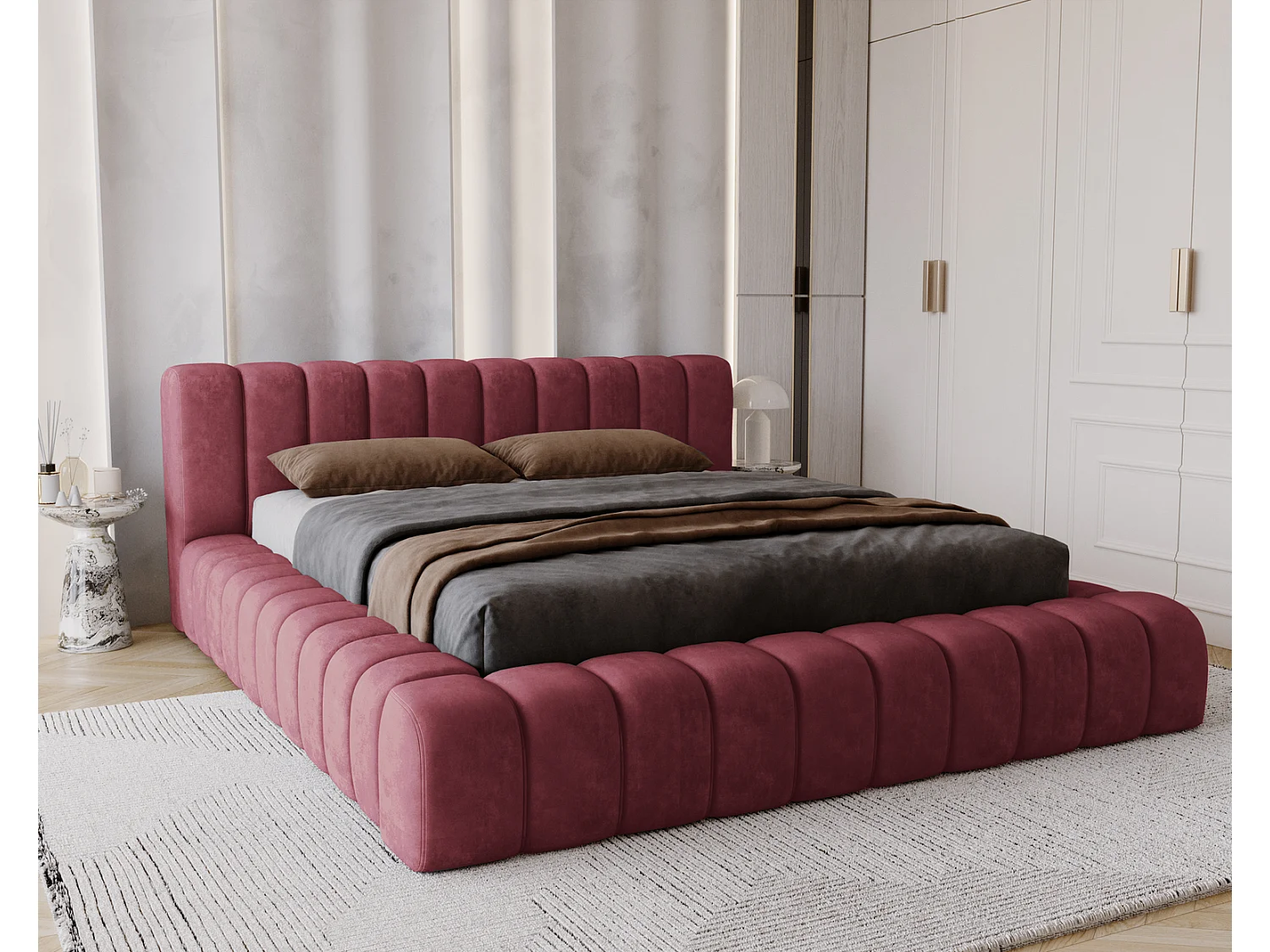 Emporius Lit avec Rangement 180x200cm Como, Lit capitonné, Lit adulte  - Mousse épaisse, tissu Velvet Rouge (Whisper 14)