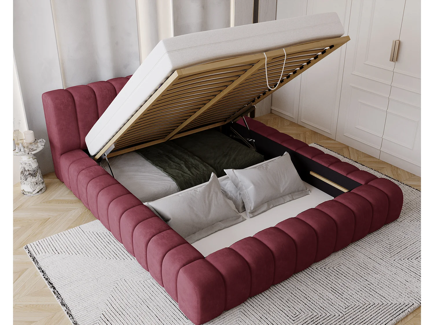 Emporius Lit avec Rangement 180x200cm Como, Lit capitonné, Lit adulte  - Mousse épaisse, tissu Velvet Rouge (Whisper 14)