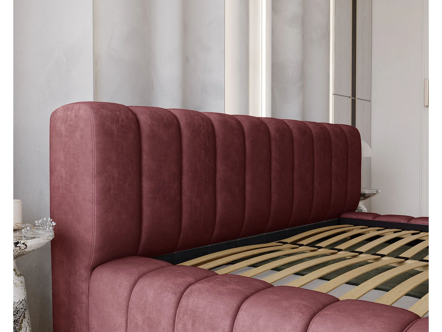 Emporius Lit avec Rangement 140x200cm Como, Lit capitonné, Lit adulte  - Mousse épaisse, tissu Velvet Rouge (Whisper 14)