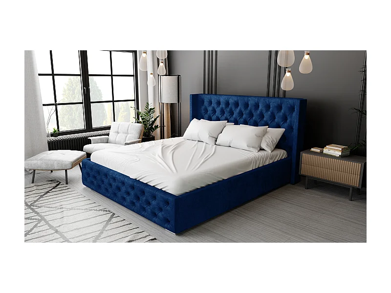 Emporius Polsterbett mit Lattenrost 160x200 Rolia - Doppelbett, Stauraum, Kopfteil - Schlafzimmer, Bettkasten - Velvet Blau (Kronos 09)
