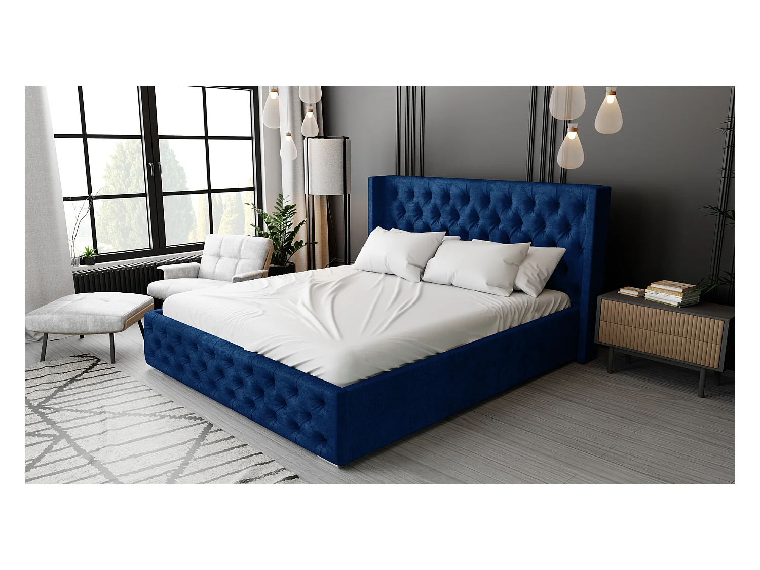 Emporius Tweepersoonsbed 160x200 Rolia - gestoffeerd bed met opbergruimte, Slaapkamer, Tienerkamer - Fluweel Blauw (Kronos 09)