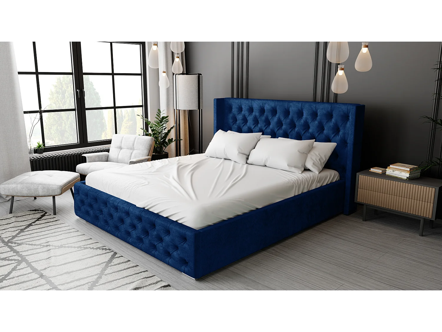 Emporius Rolia łóżko chesterfield 160x200 - pojemnik i stelaż, wysoka jakość - łóżko dwuosobowe 160x200 w stylu glamour - aksamit, niebieski (Kronos 9)