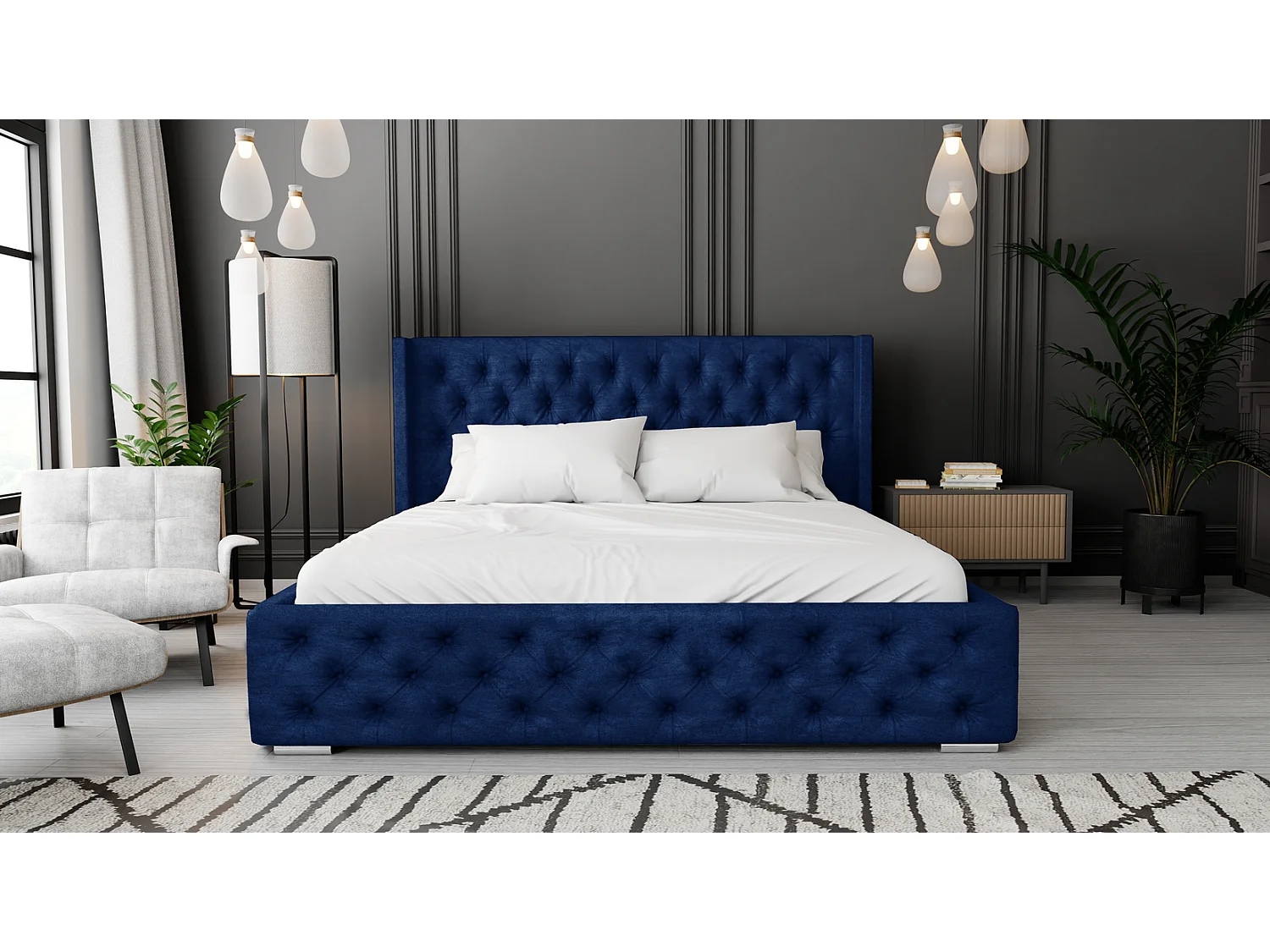 Emporius Lit adulte 160x200 Rolia - Lit double, capitonné - sommier à lattes, rangement, tête de lit - Velvet Bleu (Kronos 09)