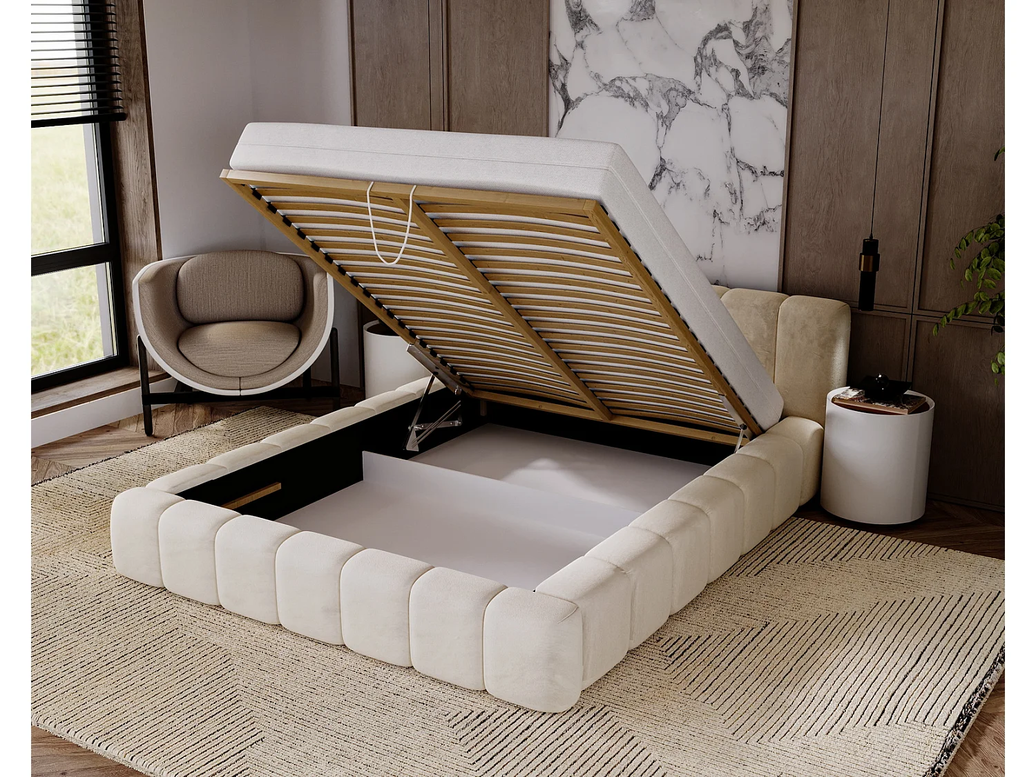 Emporius Lit rembourré 140x200 Bolonia - Lit adulte, lit capitonné, Lit double avec Rangement - Beige (Magic Velvet 2201)