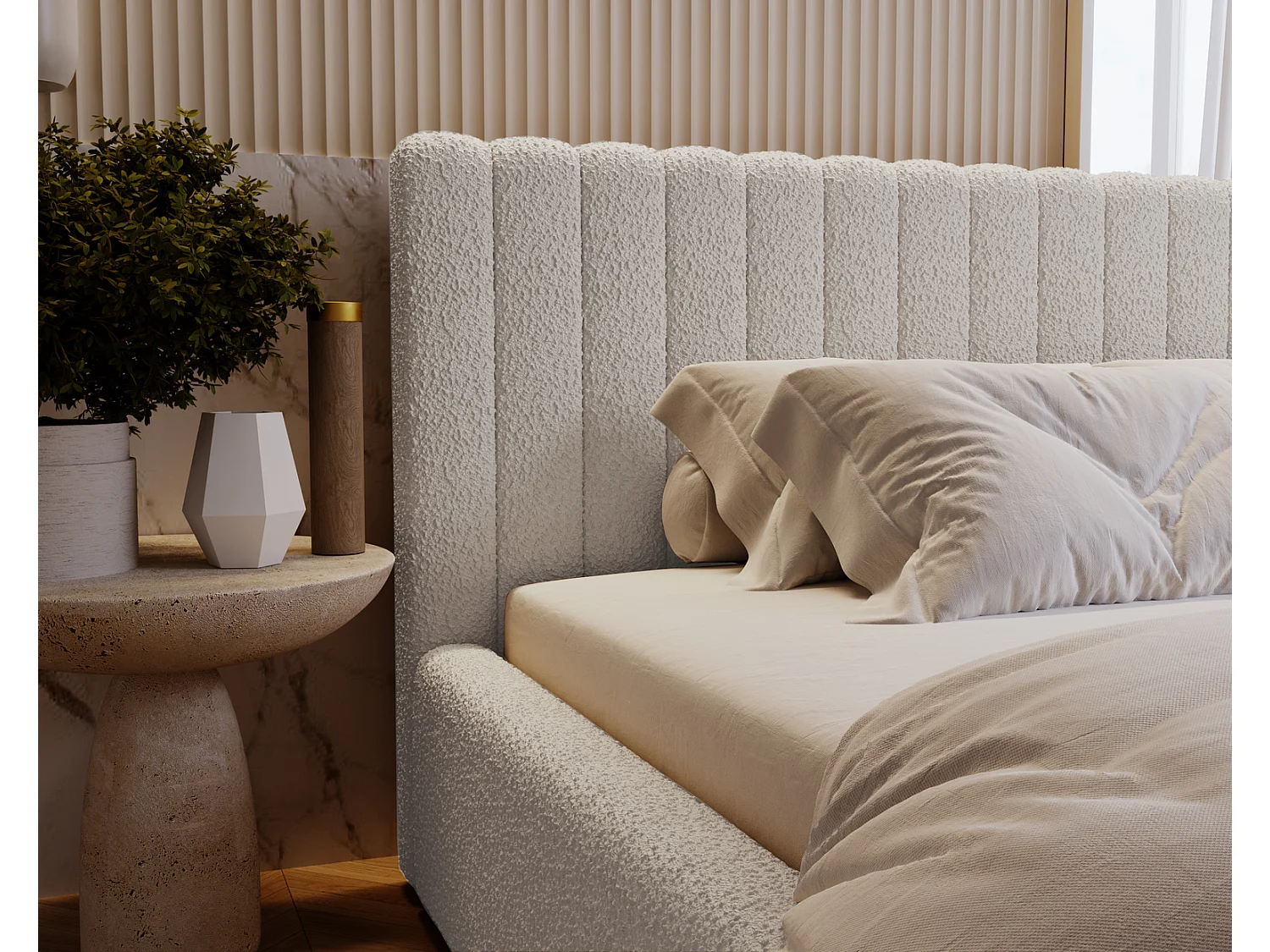 Emporius Gestoffeerd Bed 200x200 Billo - Lattenbodem, Opbergruimte, Beddengoedbox, Hoofdeinde, Bedframe - Tweepersoonsbed - Boucle Lichtgrijs (Anthology 15)