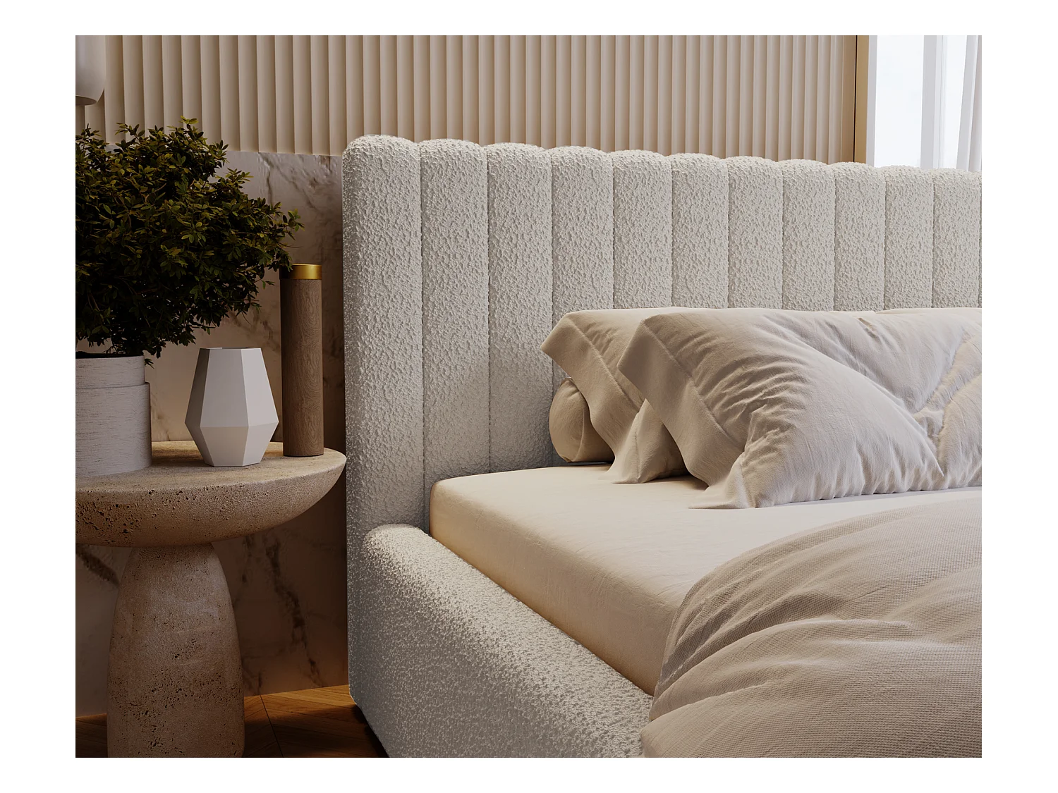 Emporius Lit Rembourré 200x200 cm Billo - lit double avec Rangement, Tête de Lit - Lit adulte, Chambre d'Adolescent - Bouclé Gris clair (Anthology 15)