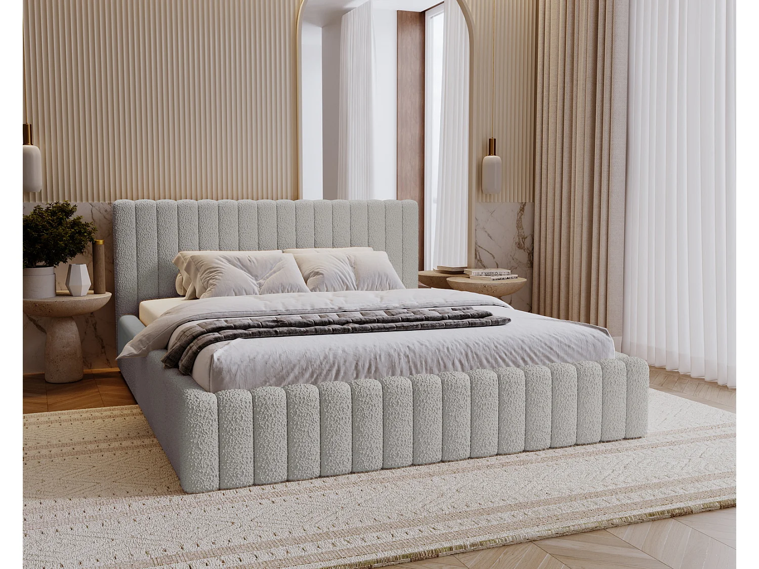 Emporius Lit Rembourré 200x200 cm Billo - lit double avec Rangement, Tête de Lit - Lit adulte, Chambre d'Adolescent - Bouclé Gris clair (Anthology 15)