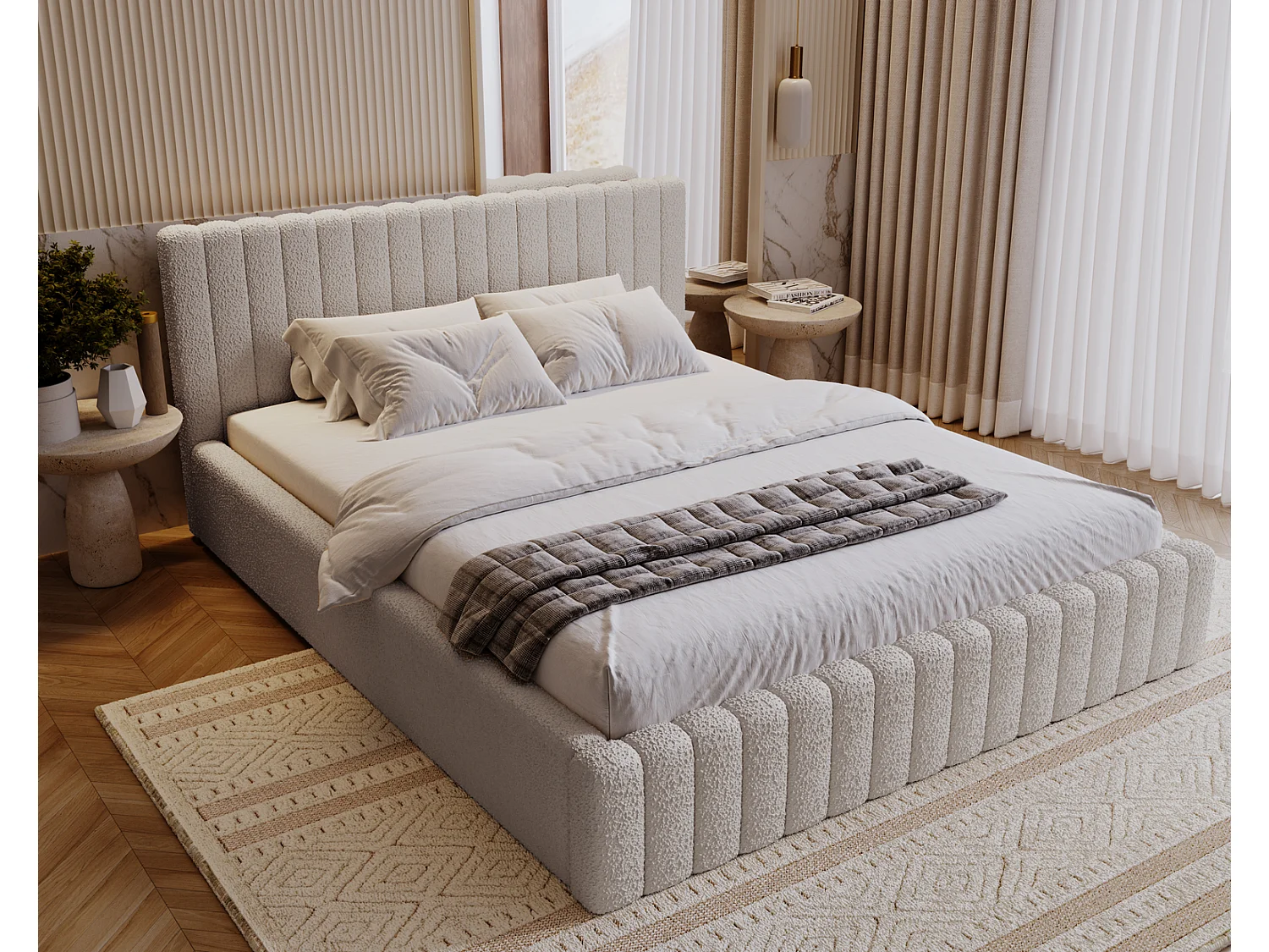 Emporius Lit Rembourré 200x200 cm Billo - lit double avec Rangement, Tête de Lit - Lit adulte, Chambre d'Adolescent - Bouclé Gris clair (Anthology 15)