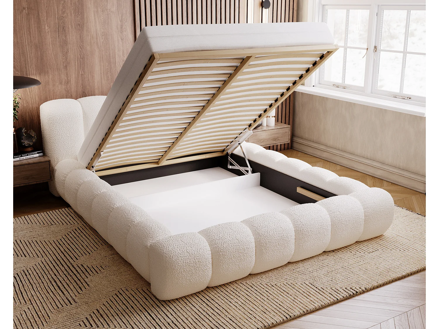 Emporius tweepersoonsbed 160x200 cm Cloud - luxe bed met lattenbodem, Gestoffeerd Hoofdeinde, Opbergruimte - Bouclé Crème (Anthology 1)