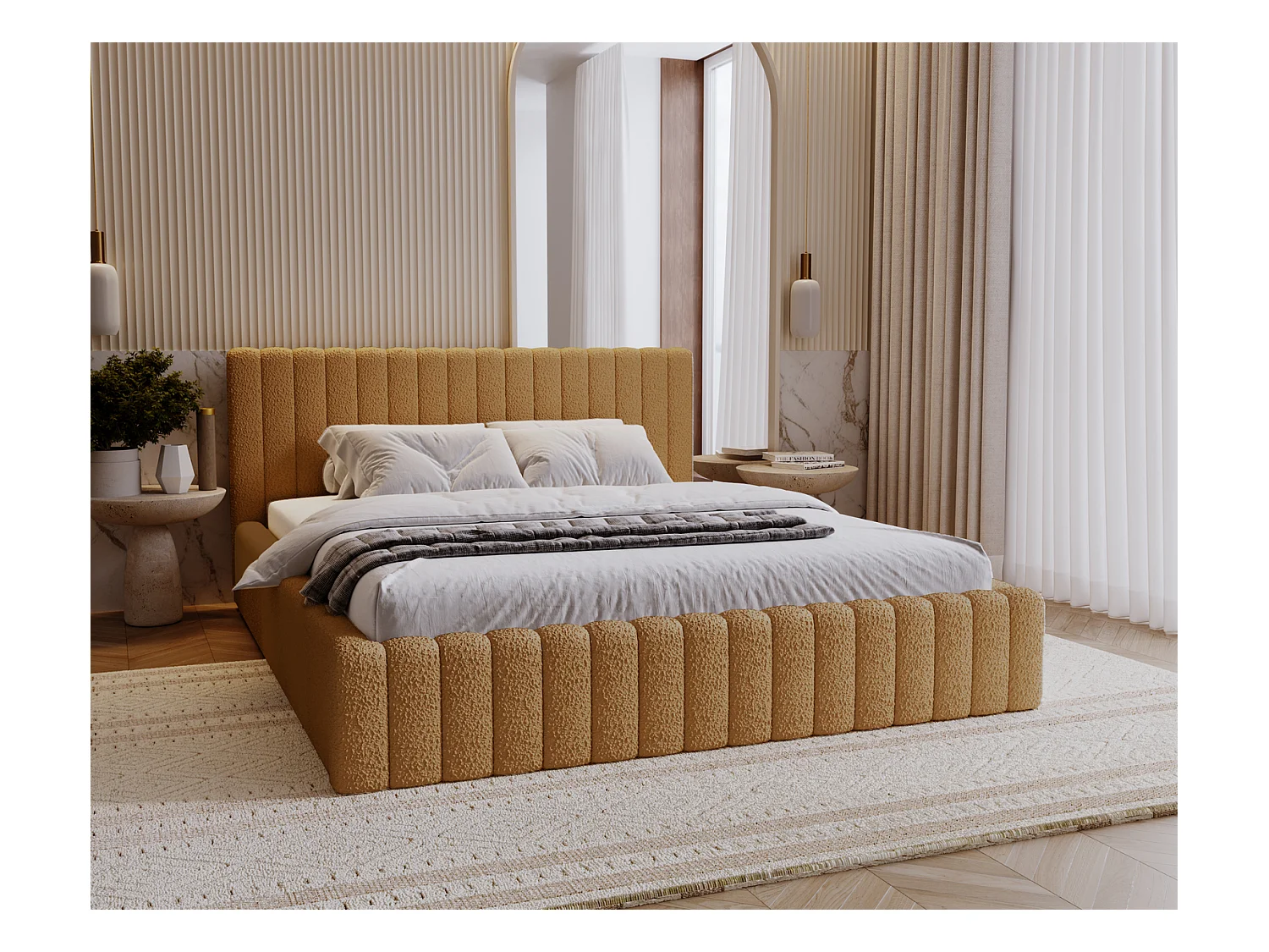 Emporius Lit Rembourré 180x200 cm Billo - lit double avec Rangement, Tête de Lit - Lit adulte, Chambre d'Adolescent - Bouclé Orange (Anthology 10)