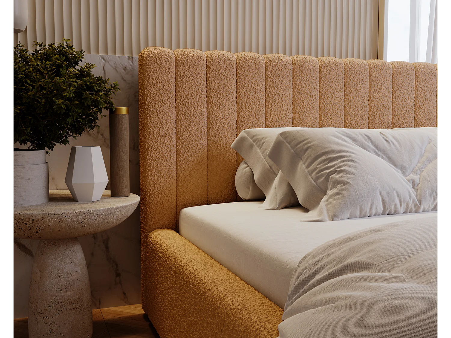 Emporius Polsterbett 180x200 cm Billo - Doppelbett mit Lattenrost und Kopfteil - Stauraum, Bettzeugkasten, Bettkasten - Boucle Orange (Anthology 10)