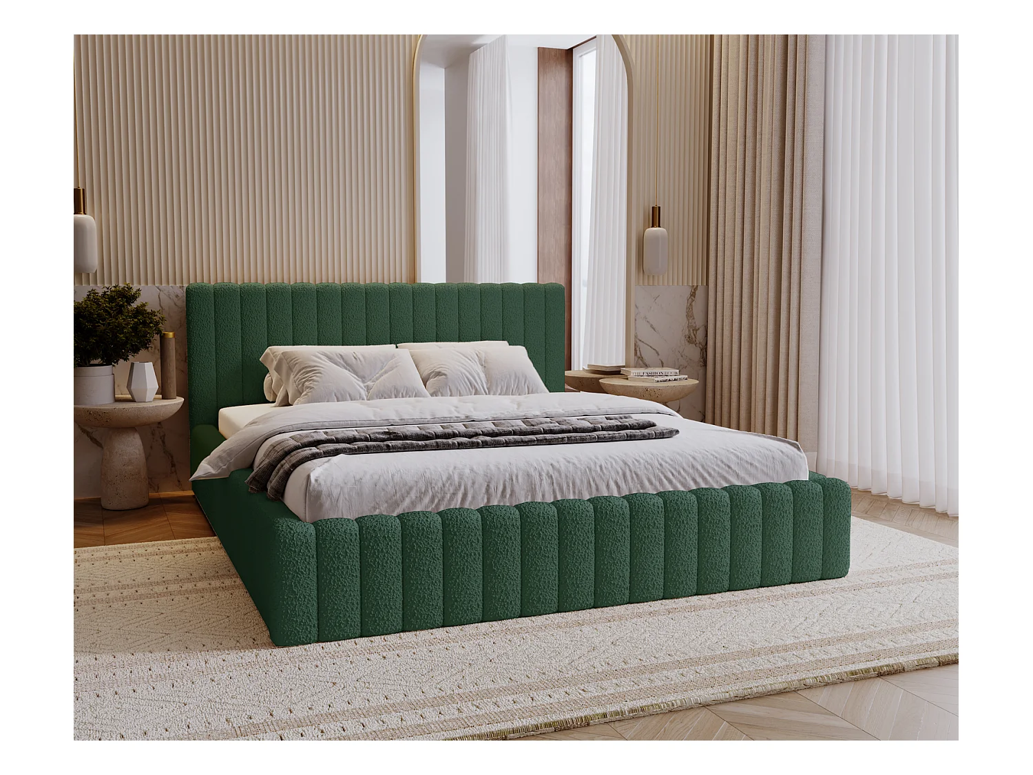 Emporius Polsterbett 160x200 cm Billo - Doppelbett mit Lattenrost und Kopfteil - Stauraum, Bettzeugkasten, Bettkasten - Boucle Grün (Anthology 13)