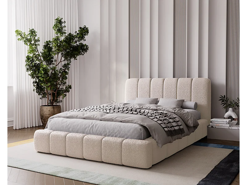 Emporius Lit coffre 140x200 Milan, Lit Rembourré avec Rangement - Lit bouclé Beige (Anthology 3)