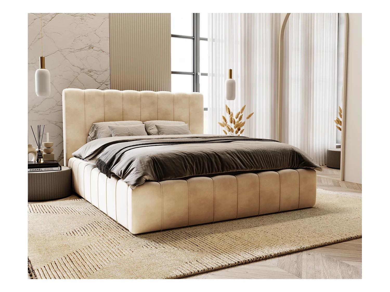 Emporius Lit Capitonné 140x200 Lisbon - Lit avec Sommier à Lattes, Rangement, Tête de Lit - Lit double velvet Beige (Magic Velvet 2201)